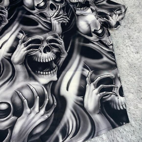 Mens Black Gray “See No Evil Hear No Evil” Skull Short Sleeve Button Up Size XL - Picture 14 of 16